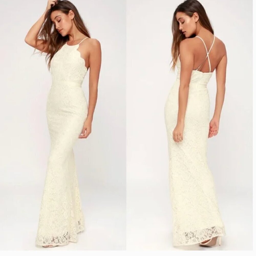 Lulus Zenith Cream Lace Maxi Dress Bridal Gown Crisscross Back Size L